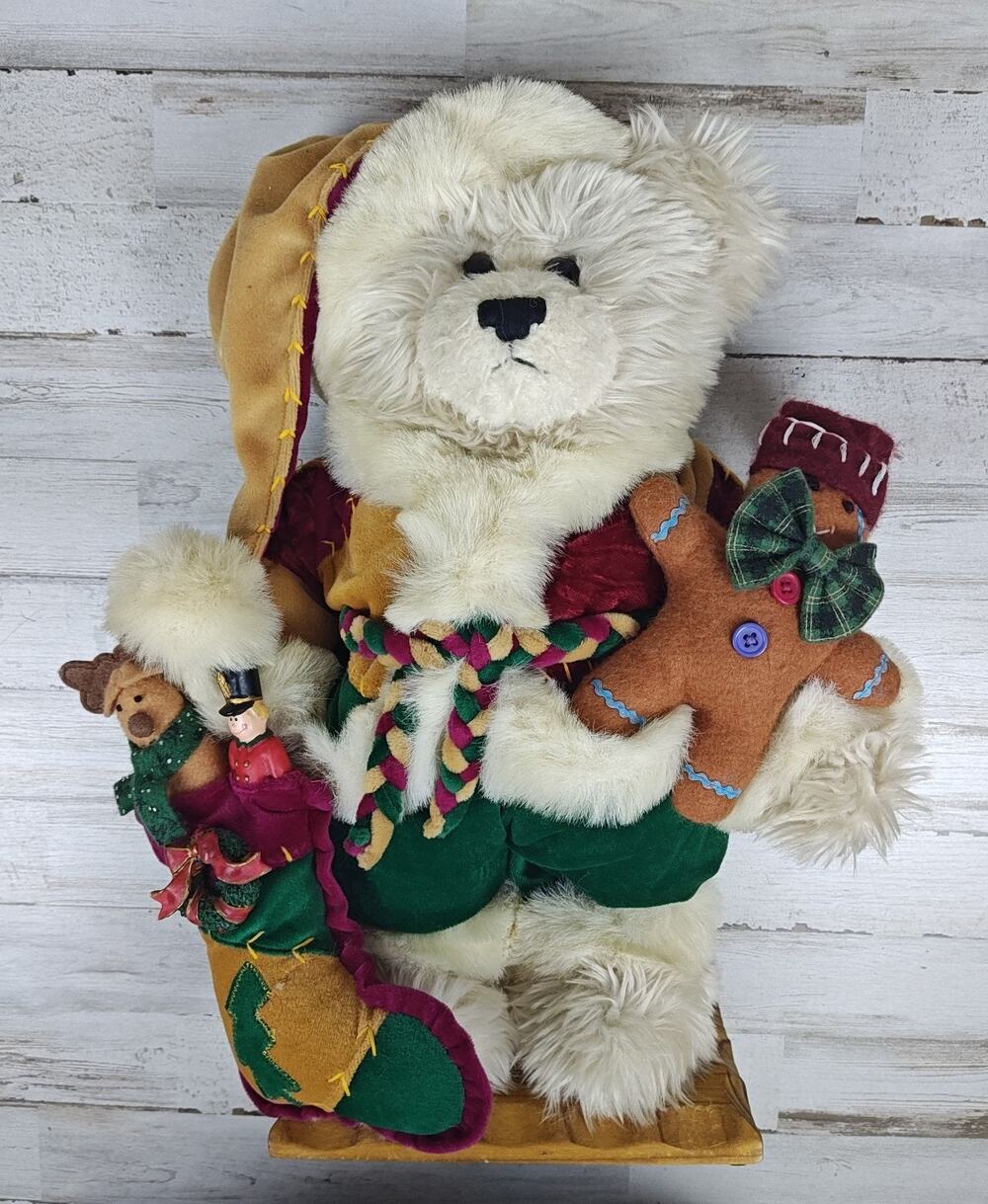 Vintage Kmart Trim A Home Plush Bear 15" Christmas Decoration Wood Base No Tag